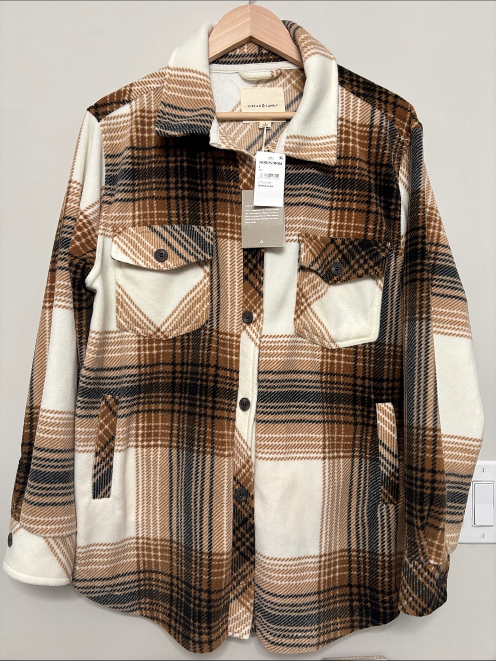 Thread & Supply Copper and Cream Plaid Shacket L Large NWT